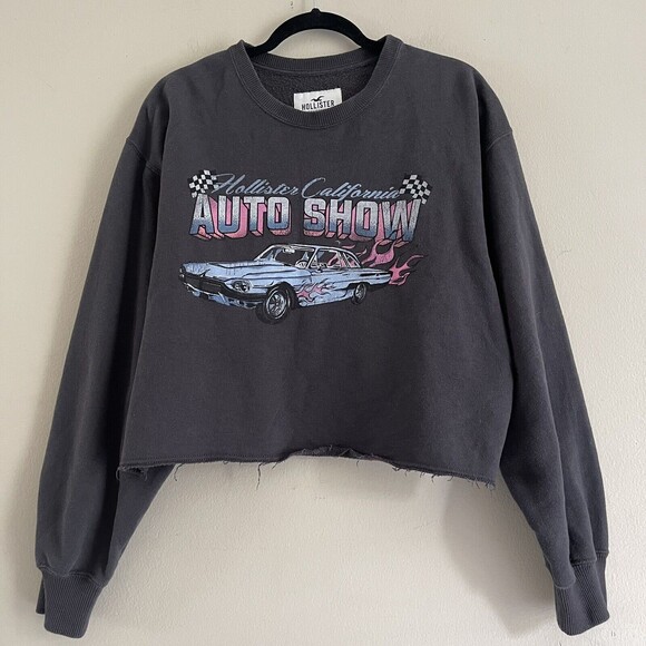 Hollister Pullover Sweatshirt Top L Auto Show Graphic California Raw Hem Gray - Picture 1 of 9